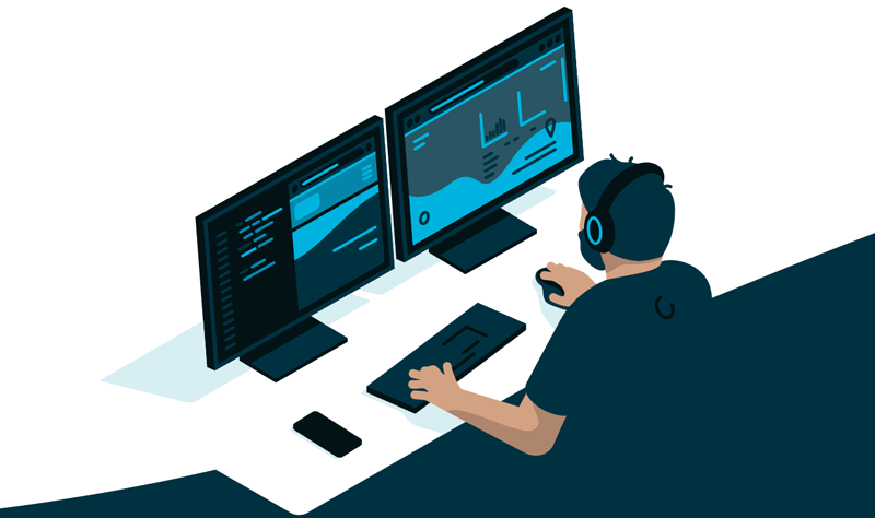 Student at computer illustration